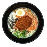 Karai ramen with spicy broth, minced pork, green onions, black garlic oil, and marinated egg